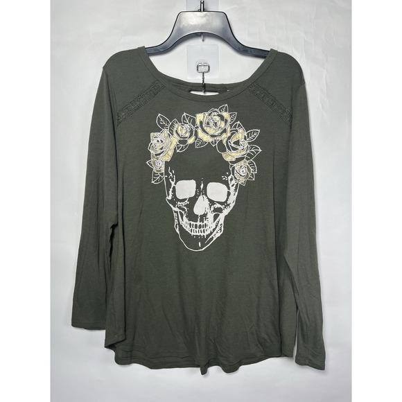 Jerry Leigh Shirt Juniors XL Long Sleeve Skull Rose Crown‎ Pullover Green Goth - Picture 1 of 14